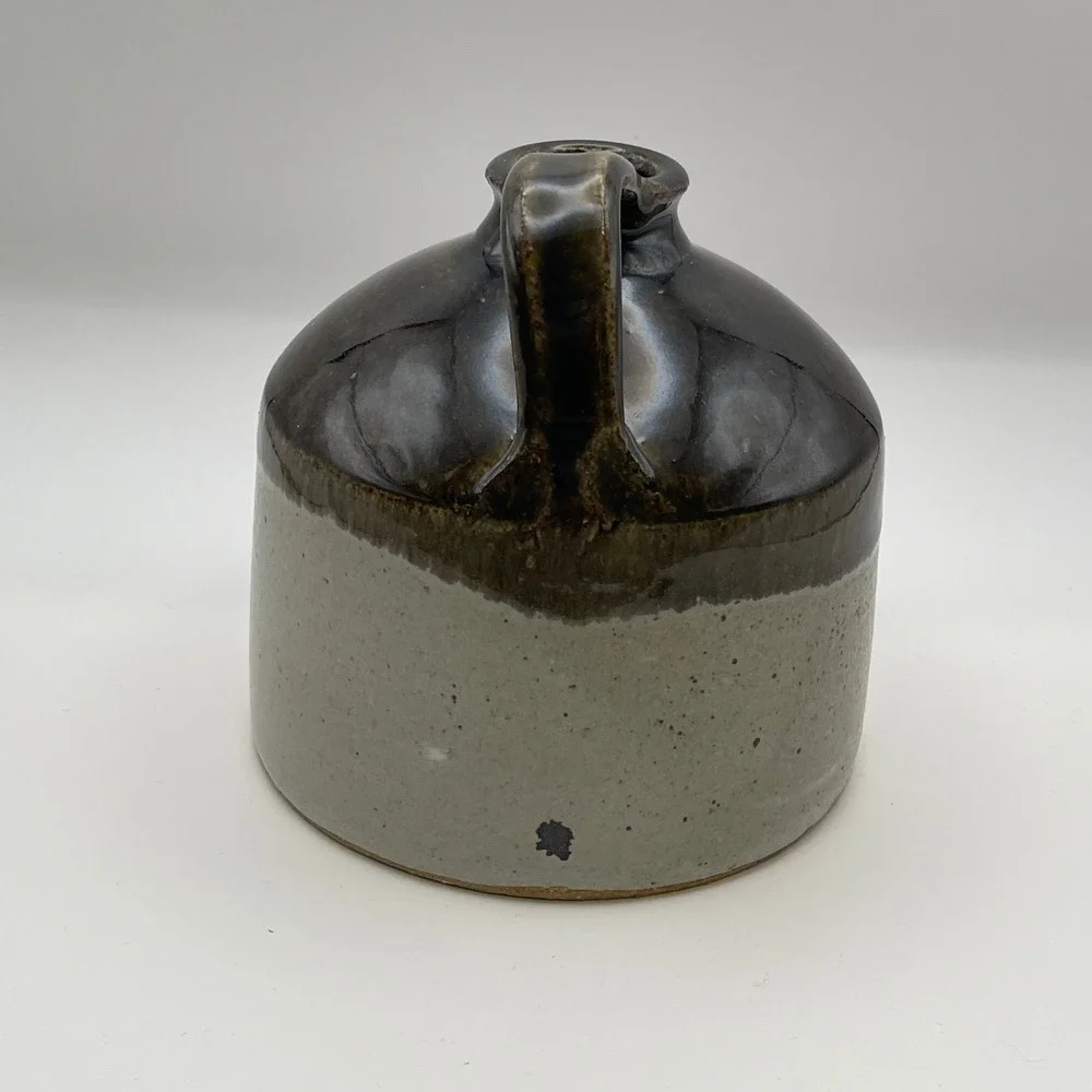 J Pitts Studio Pottery Whiskey Jug Two Tone Brown Grey Signed Stoneware 6in
